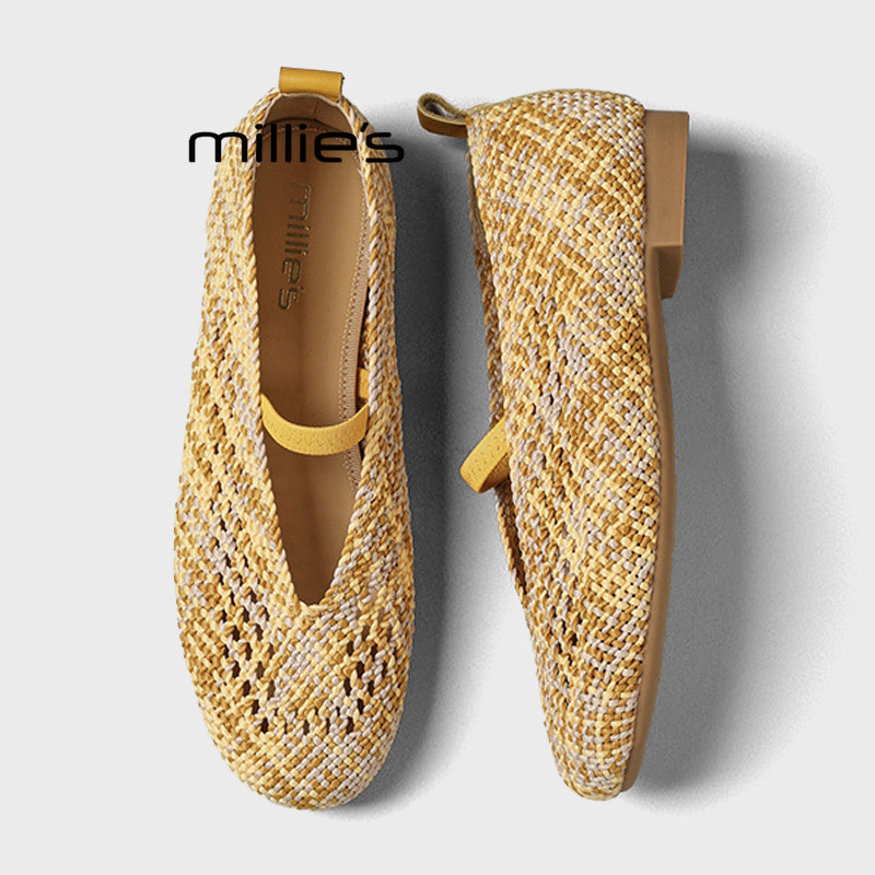 MILLIE'S/妙丽编织浅口单鞋女2026夏季平底黄色方头绑带小众款Z
