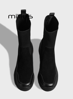 MILLIE'S/妙丽黑色弹力袜靴女秋冬厚底中筒瘦瘦靴英伦风马丁靴Z