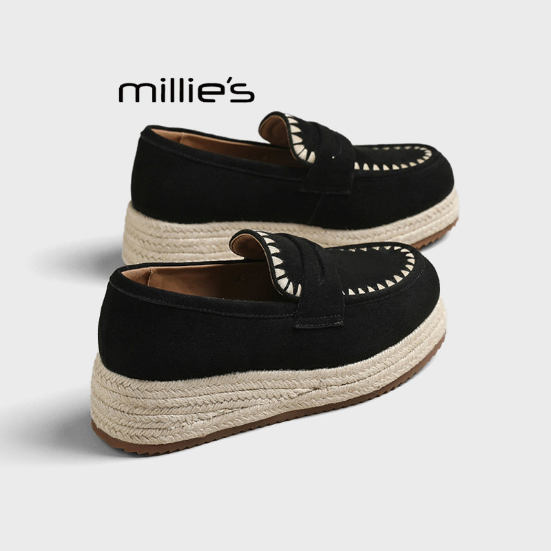 MILLIE'S/妙丽磨砂圆头厚底秋季乐福鞋女深口单鞋草编坡跟渔夫鞋,女鞋,乐福鞋（豆豆鞋）,淘宝优惠券,粉丝福利购,淘宝优惠卷