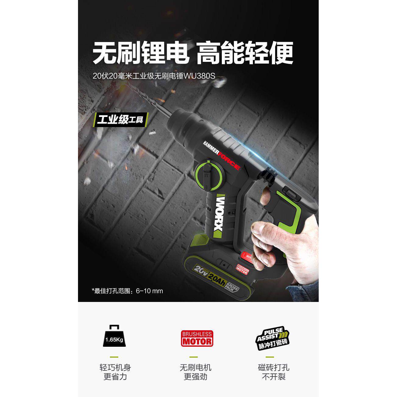 威克士20V无刷电锤钻WU380S两用冲击钻轻型充电电钻混凝土