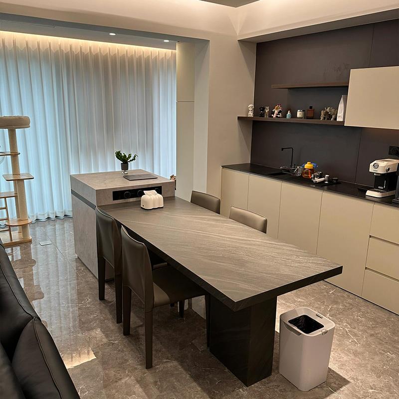 新中式岩板岛台餐桌一体家用可伸缩黑胡桃木现代简约轻奢高级感