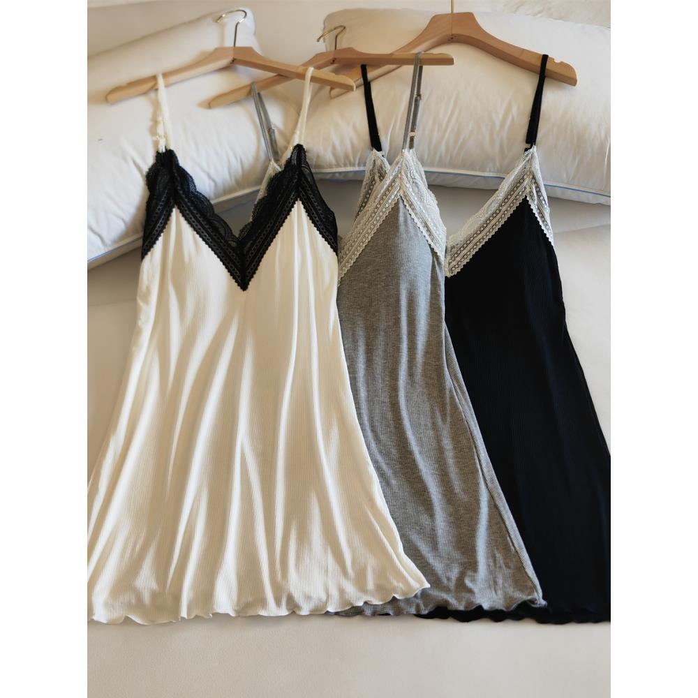 吊带睡裙女夏季带胸垫中长款连衣裙薄款纯欲风莫代尔棉睡衣家居服