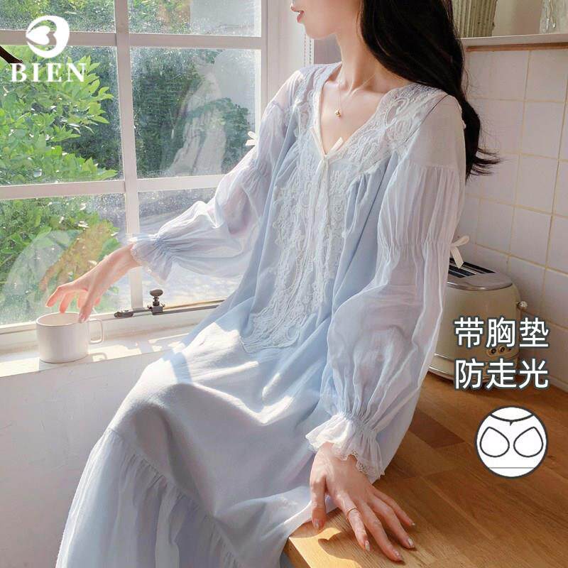 睡裙女春秋季甜美可爱公主风宫廷法式睡衣家居服长裙纯棉带胸垫夏