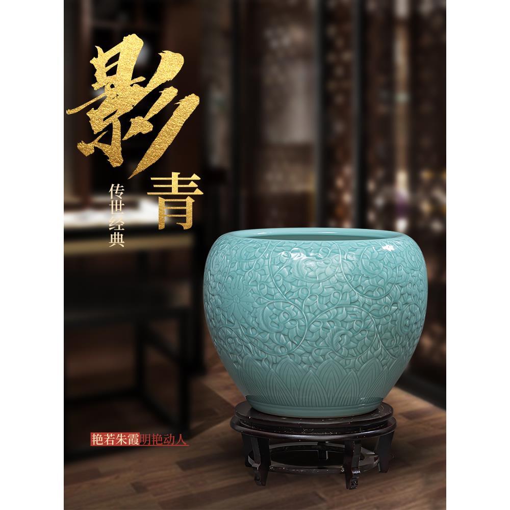 景德镇陶瓷轻奢影青书画缸客厅电视柜落地花瓶书房字画收纳桶摆件