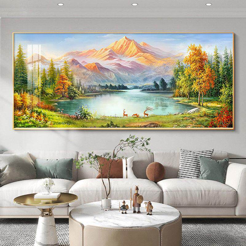 日照金山客厅装饰画聚宝盆山水画靠山图沙发背景墙挂画高级感壁画