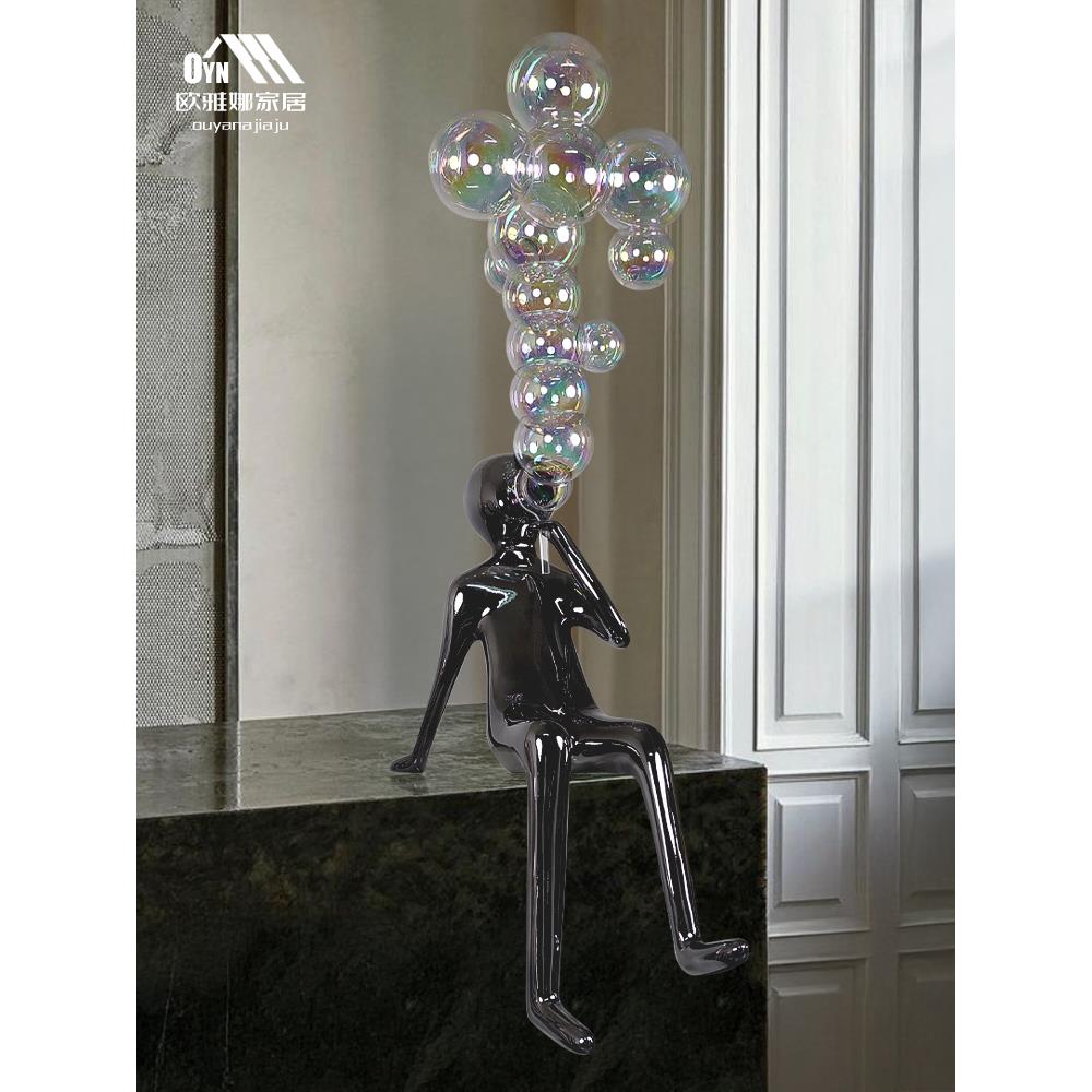 现代抽象落地人物吹泡泡雕塑卡通售楼处大堂轻奢软装艺术装置摆件
