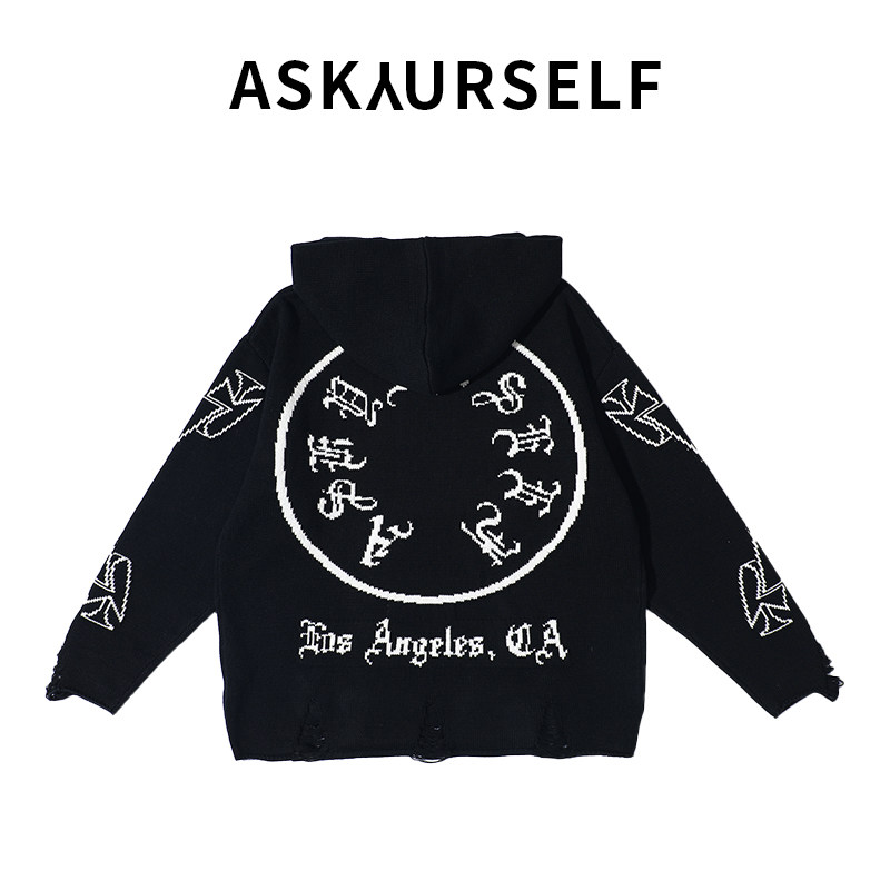 ASKYURSELF经典梵文卷轴Logo破坏针织连帽卫衣 男女同款 黑色