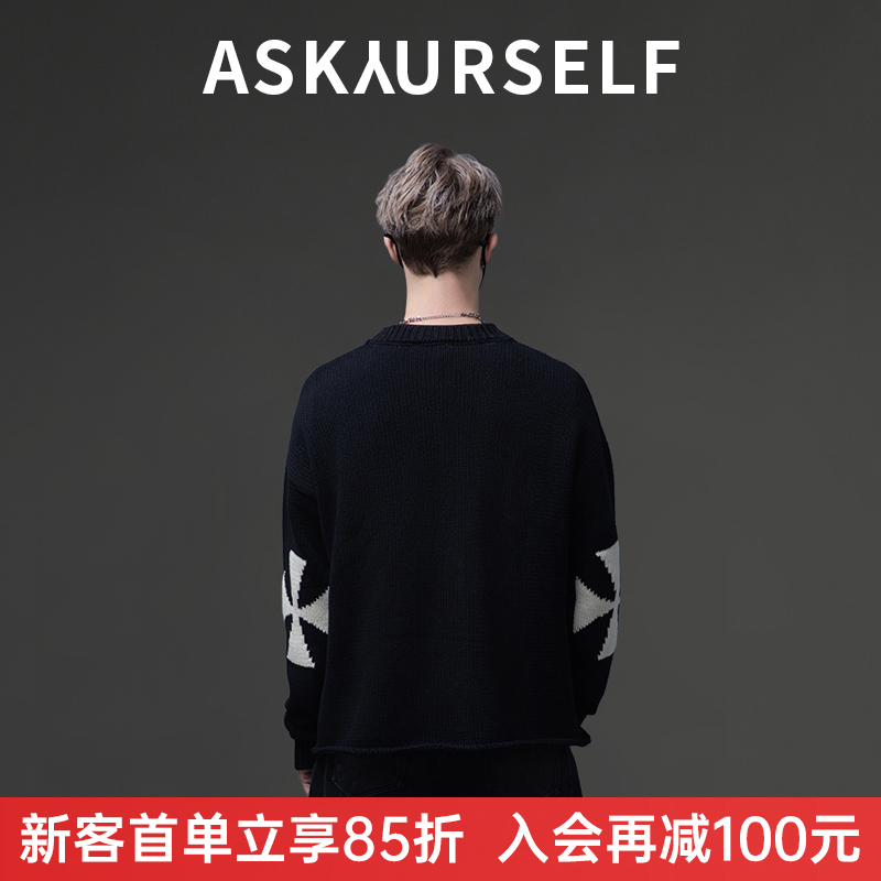 ASKYURSELF十字卷边针织圆领毛衣 男女同款 黑色