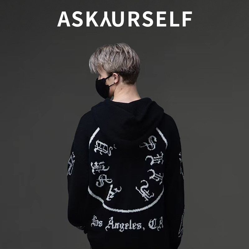 ASKYURSELF经典梵文卷轴Logo破坏针织连帽卫衣 男女同款 黑色,男装,针织衫/毛衣,淘宝优惠券,粉丝福利购,淘宝优惠卷