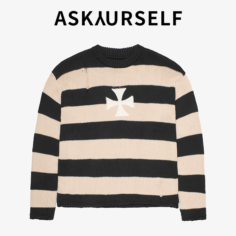 ASKAURSELF复古条纹圆领十字架图案毛衣潮流上衣条纹交叉针织