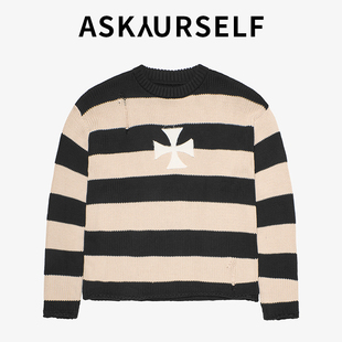 ASKAURSELF复古条纹圆领十字架图案毛衣潮流上衣条纹交叉针织