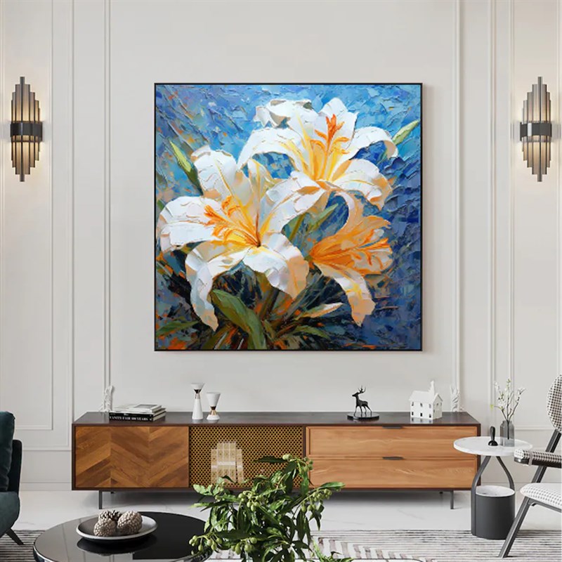大芬村纯手绘油画抽象百合花卉肌理感客厅装饰画卧室餐厅立体挂画图片