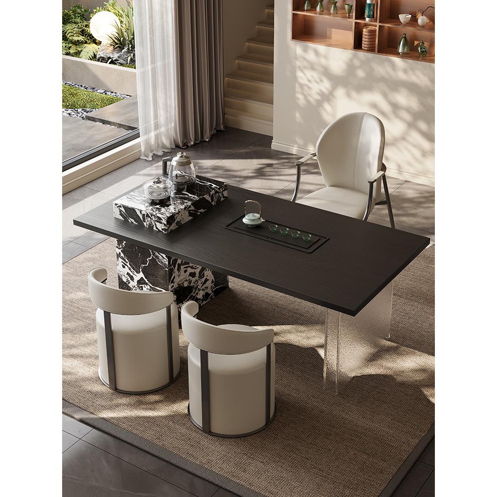 意式轻奢高级感岩板茶桌椅客厅阳台家用小型2025新款实木茶台黑色