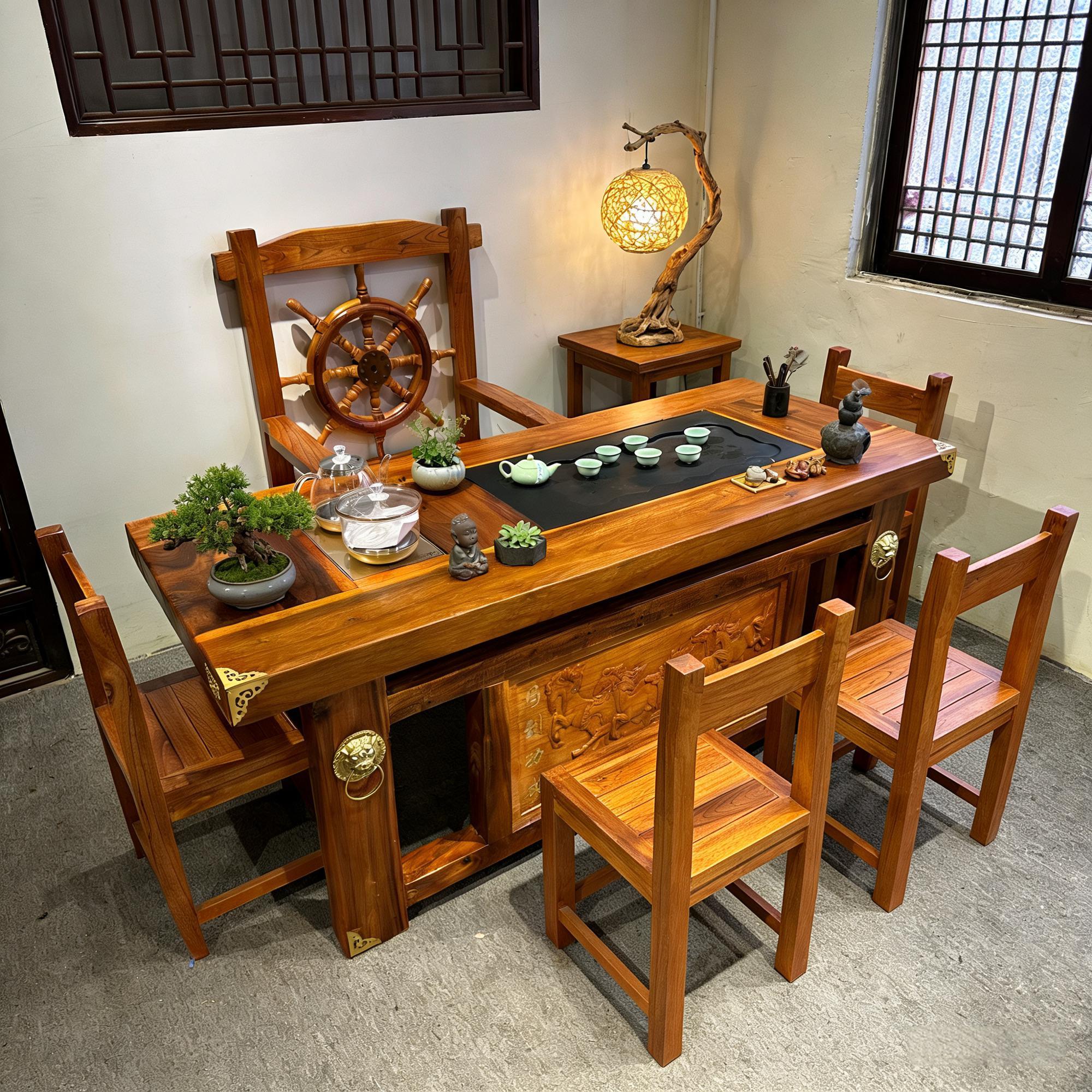 实木茶桌椅组合中式客厅一桌五椅老船木一体办公室茶台家用泡茶几