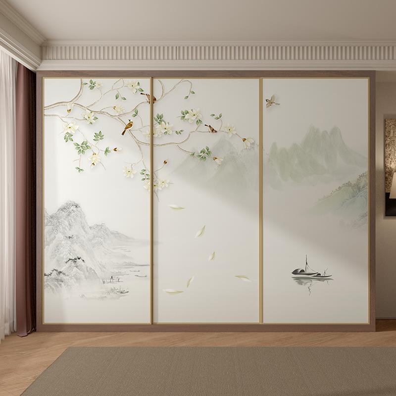 新中式衣柜门贴纸卧室翻新拉门自粘改造贴画玻璃门装饰柜门专用