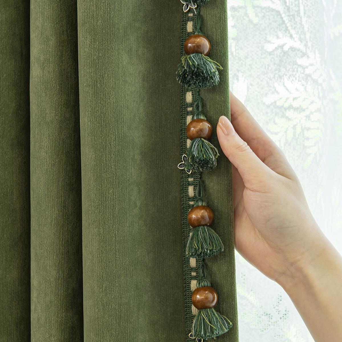 窗帘优雅的深绿色窗帘头窗帘头流苏古董风格蕾丝垂边木挂珠流苏配