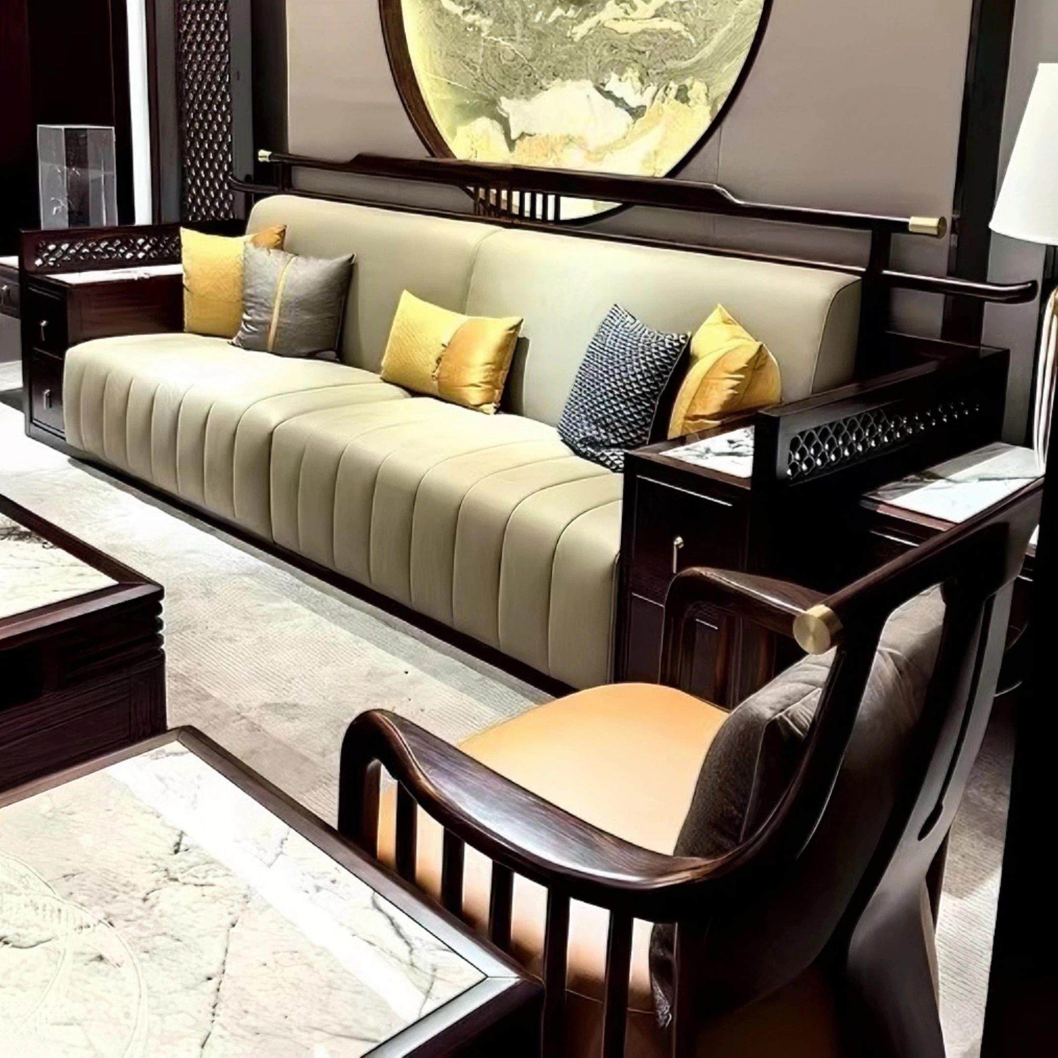 新中式乌金木实木沙发客厅简约现代真皮沙发组合轻奢别墅家具定制