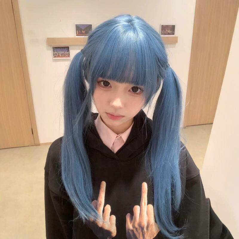 蓝灰色假发女长发新款齐浏海可爱减龄长直发网红lolita全头套式