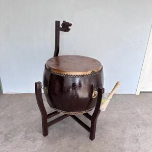 寺庙用鼓椿木黄牛皮铃钟鼓道场法器带帝钟实木鼓架诵经鼓佛具用品