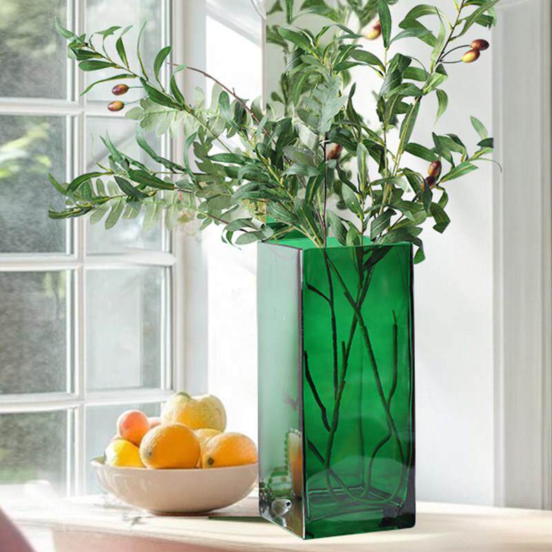 加厚绿色方形玻璃花瓶大号富贵竹水培插花方缸高级感婚礼客厅摆件