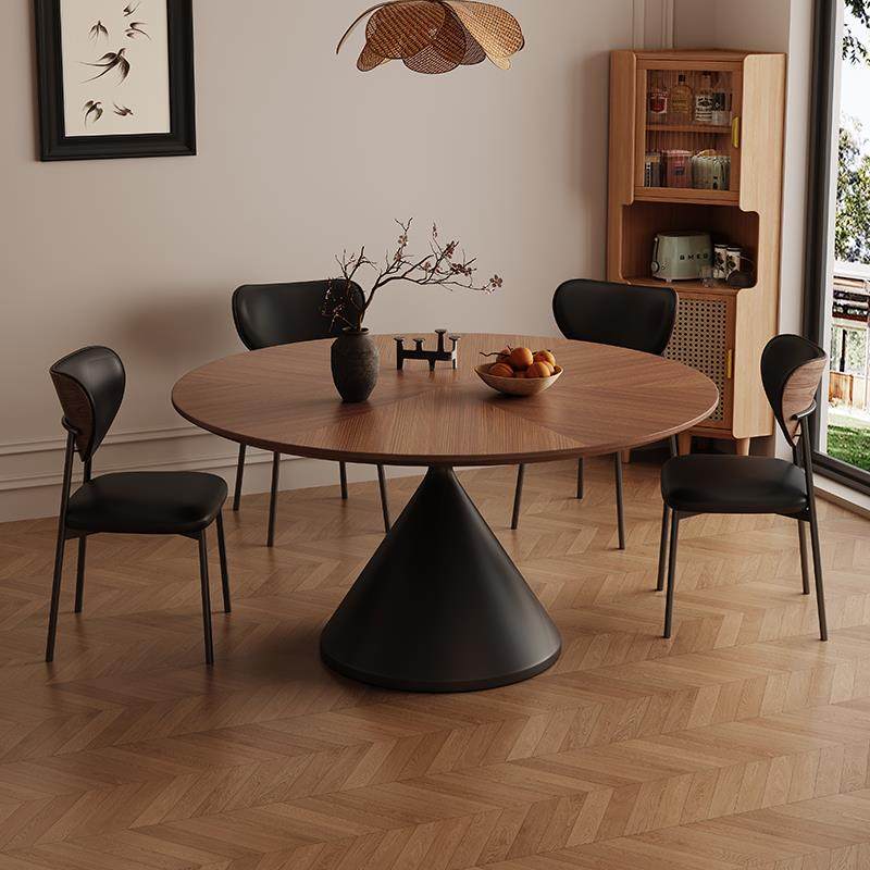 覆古实木餐桌椅组合法式家用小户型拼花胡桃木圆形中古风圆桌饭桌