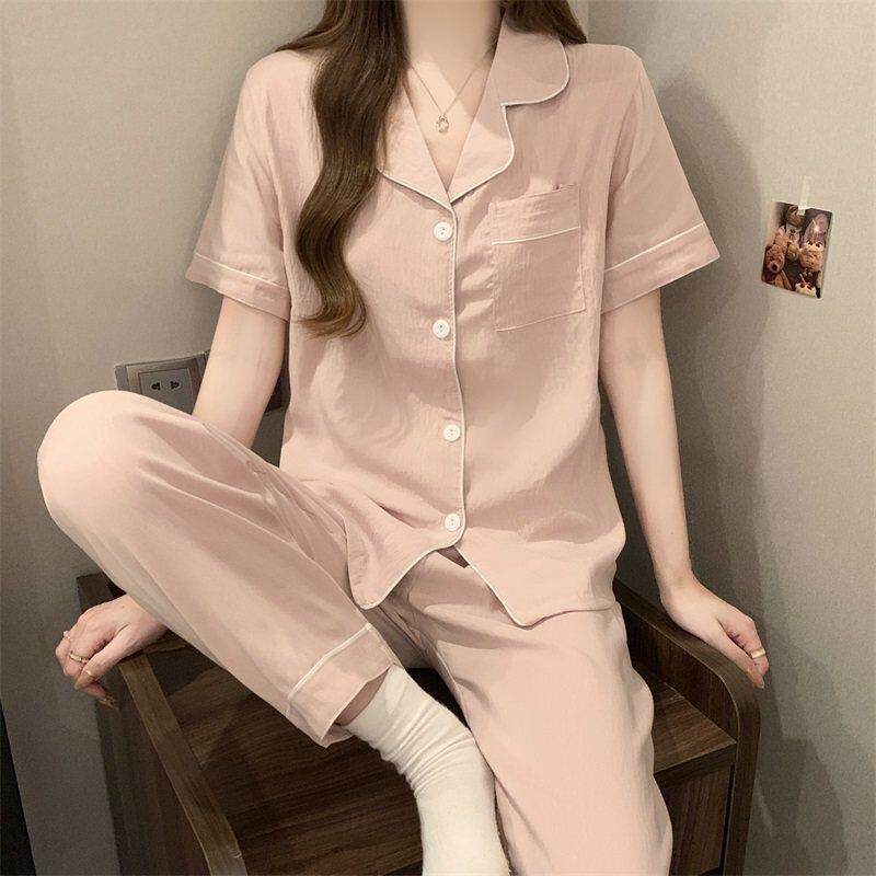 短袖长裤睡衣女士夏天梭织棉纱开衫翻领简约豆沙粉薄款家居服套装