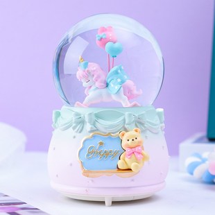 少女心旋转气球木马梦v幻发光发亮飘雪玻璃水晶球桌面小摆件 新款
