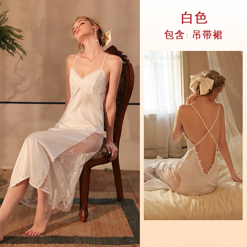 菲韵睡衣吊e带睡裙睡袍两件套装水溶花网纱蕾丝拼接长款家居服538