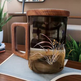 家用带把待客茶杯泡绿茶喝水杯子茶具 胡桃木玻a璃水杯套装