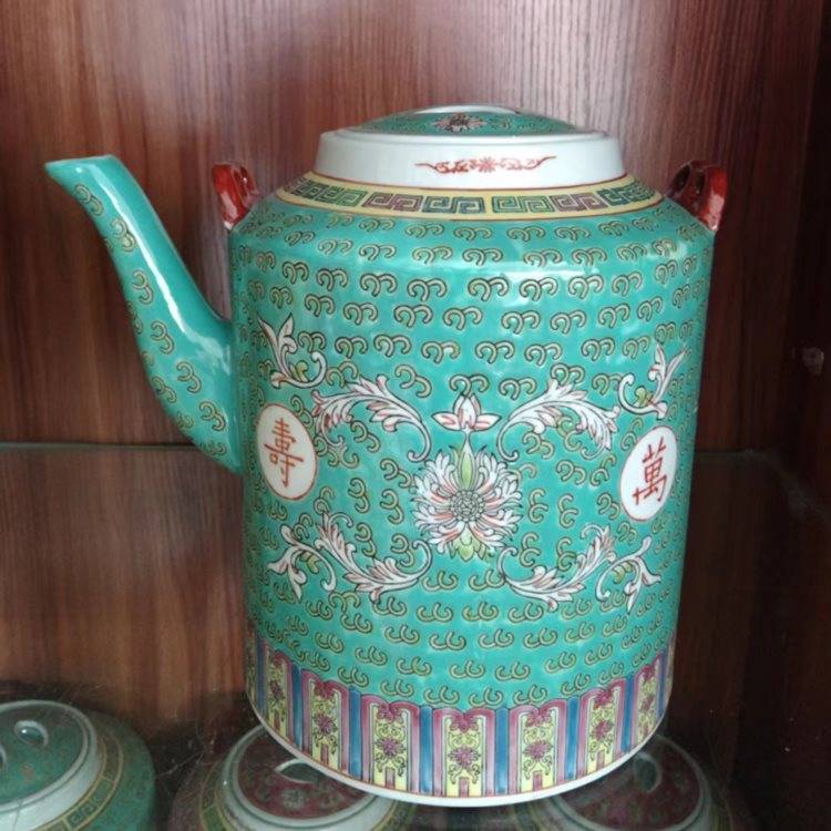 景德镇传统老式粉彩纯手工绘画万寿无疆陶瓷提梁壶大容量茶壶家用