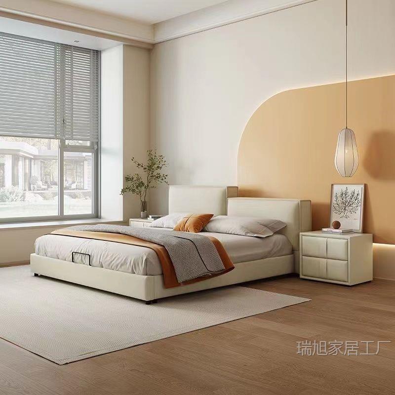 现代简约奶油豆腐块布艺床主卧高低床头异形床储存储藏软包双人床