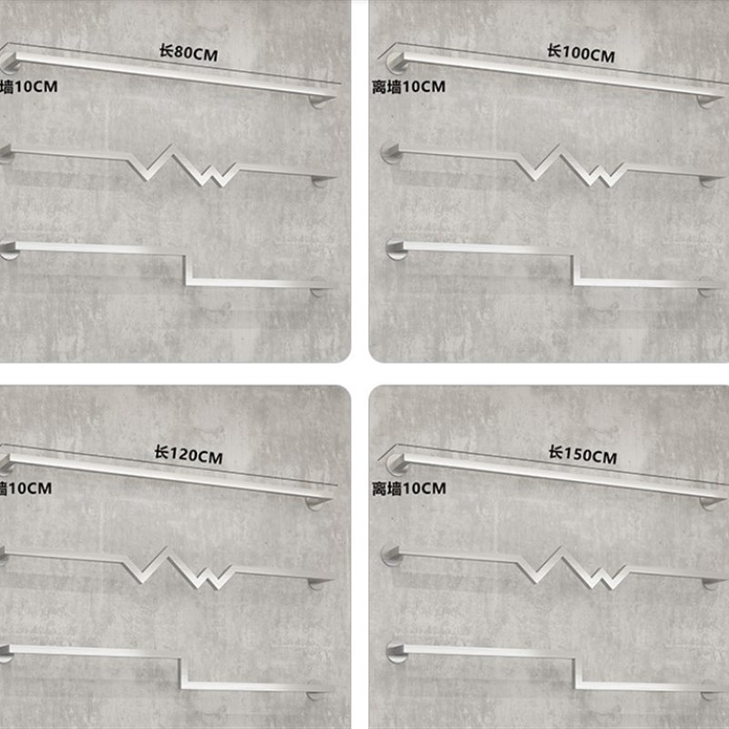 服装店上墙正挂架不锈钢拉丝方管正挂杆壁挂式多字型W挂衣架陈列