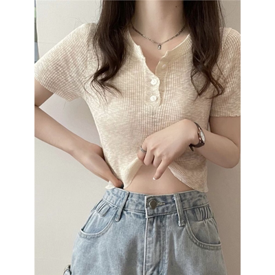杏色短款针织袖t恤女夏薄