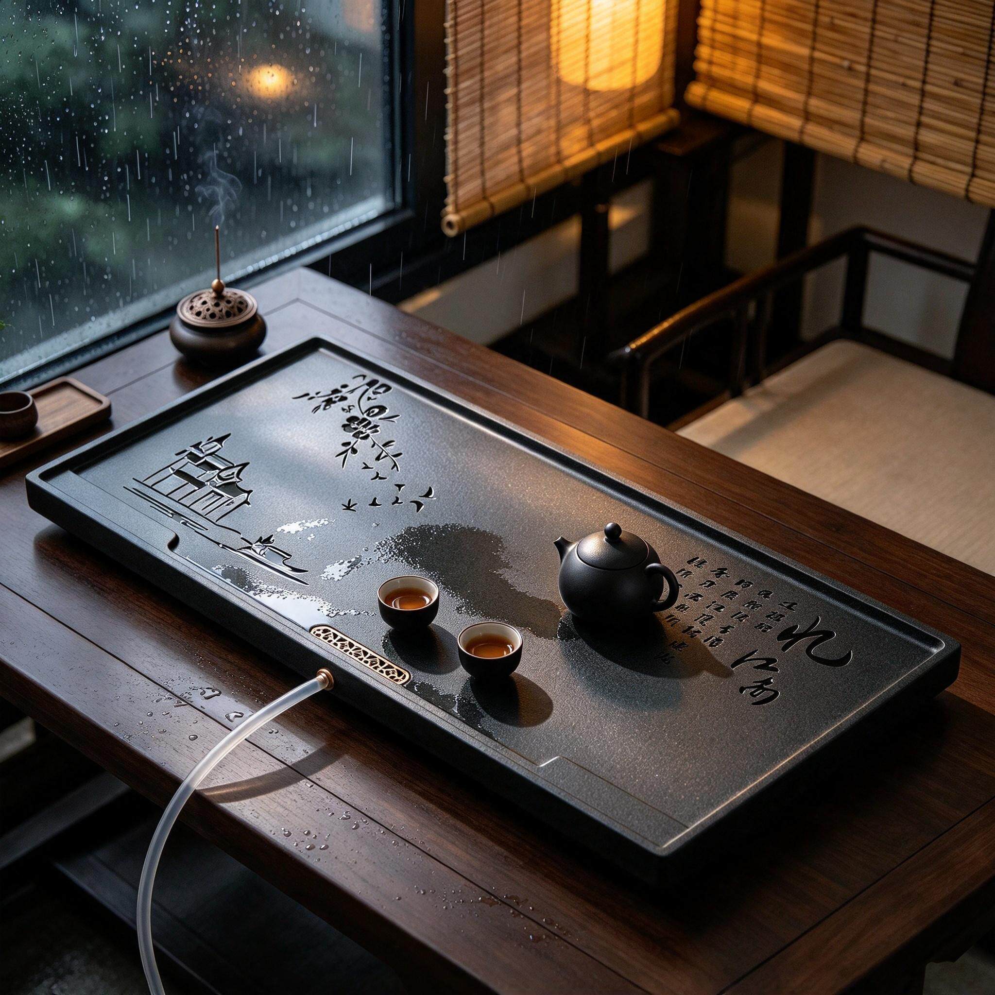 仿乌金石茶盘家用长方形功夫茶具干泡台储排水茶海托盘