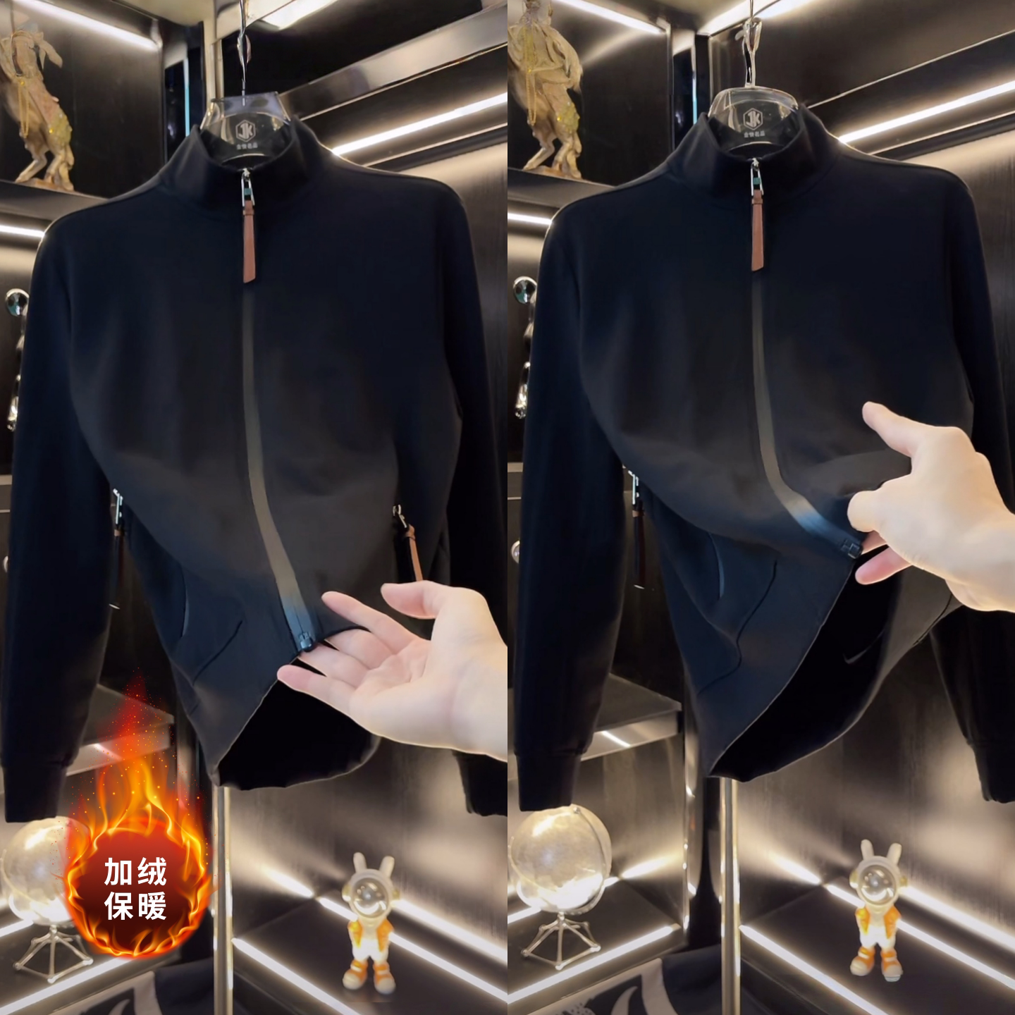 欧洲站冬季新款男士立领拉链加绒夹克时尚百搭高品质开衫外套上衣