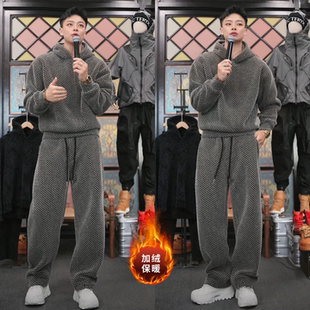 时尚潮牌高级感冬季加绒保暖连帽卫衣套装男士格纹时尚休闲两件套