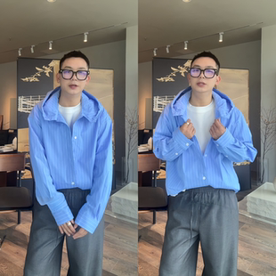 加贝洋春季新款氛围感休闲连帽气质条纹时髦减龄洋气百搭男款衬衫