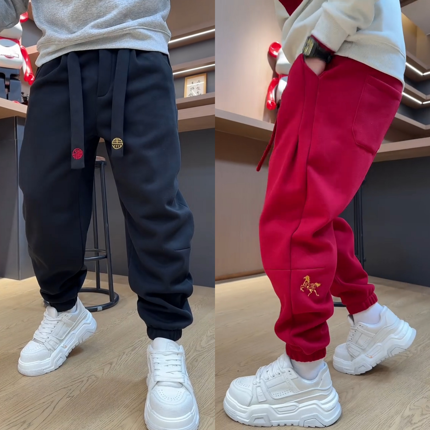 【马上发财】新年款重工马刺绣卫裤冬季加绒时尚舒适百搭男束脚裤