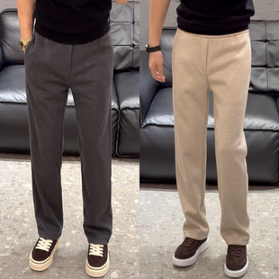 冬季羊毛加厚男士纯色极简直筒裤中腰系绳长裤韩版百搭时尚休闲裤