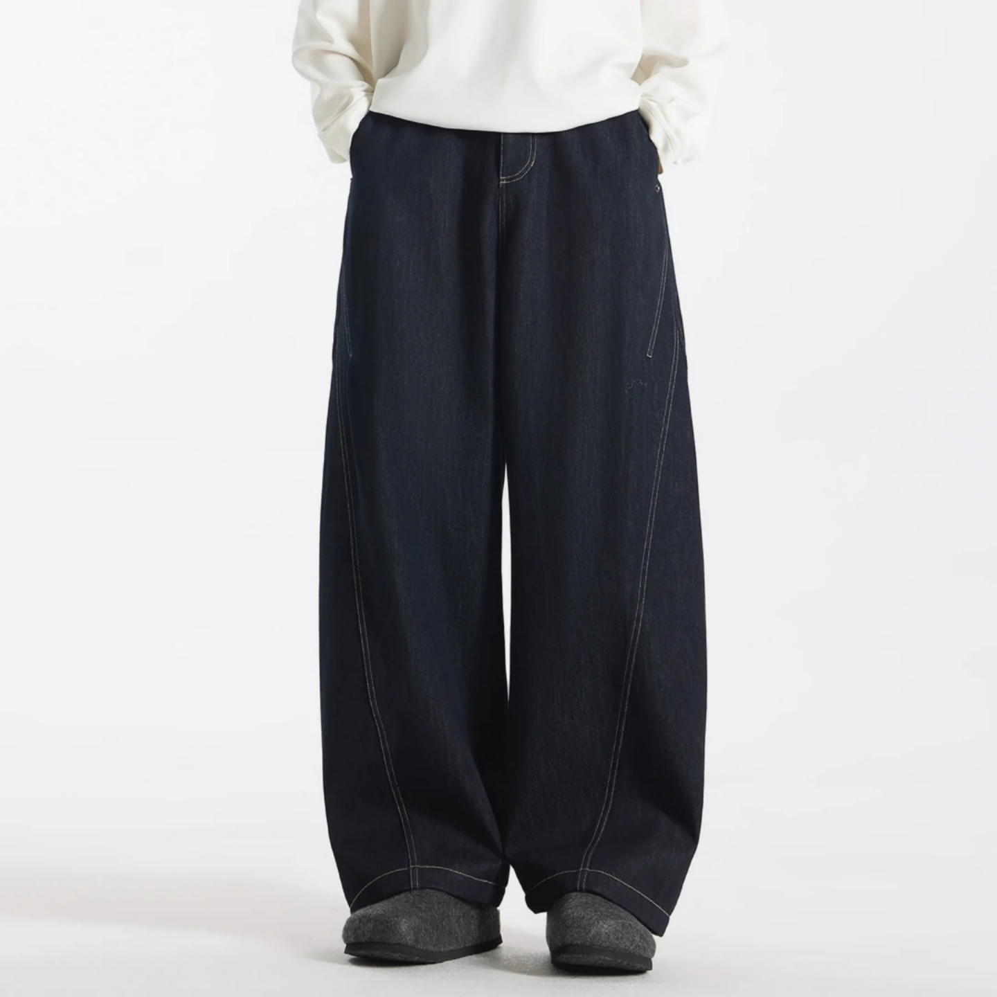 『黑曼巴』冬季原色水洗立体剪裁直筒阔腿加绒加厚休闲牛仔裤男士