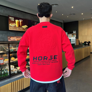 轻奢风马纹卫衣钢印小众设计男士套头百搭潮流上衣冬季新年款打底