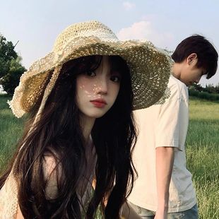 防晒帽子女草编帽女夏季海边沙滩太阳帽大帽檐遮阳帽蕾丝花边镂空