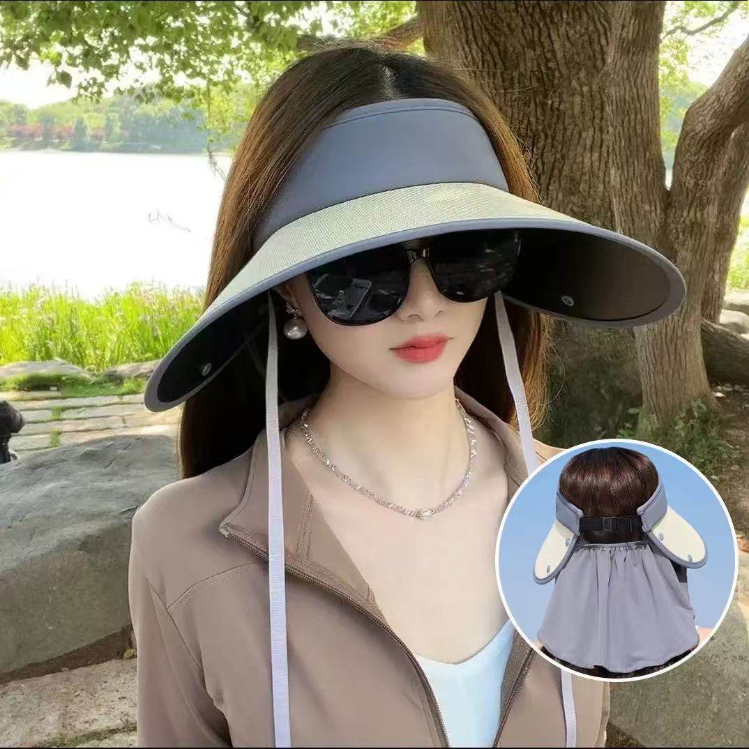 夏季新款加大帽檐遮阳防晒帽女披肩防紫外线骑车草编空顶太阳帽可
