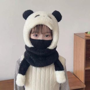 儿童帽子秋冬新款女童毛绒保暖围脖口罩一体可爱熊猫男宝护耳帽厚