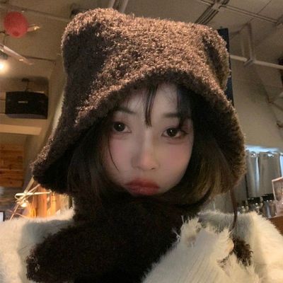 可爱小熊耳朵毛绒针织毛线帽冬季