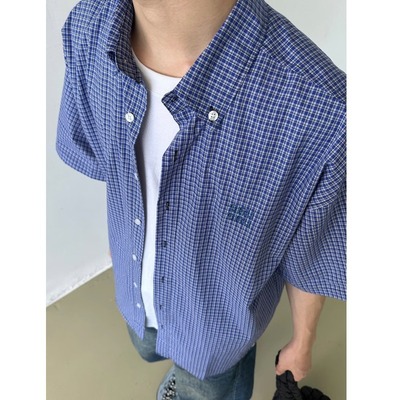 cleanfit蓝色格子衬衫男款短袖