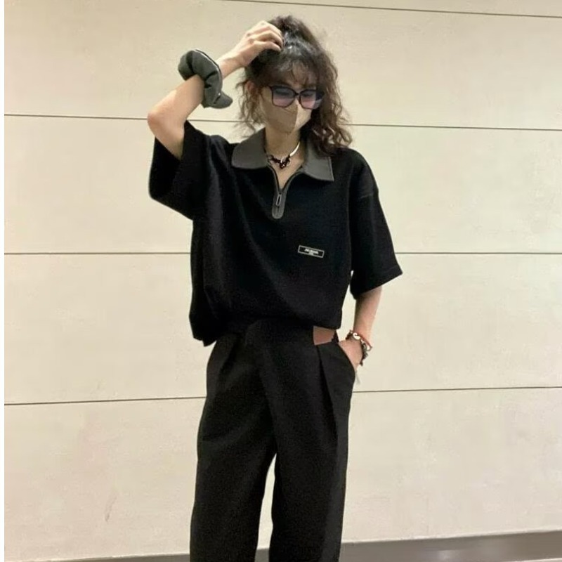 美式复古Polo领半拉链夏季男女