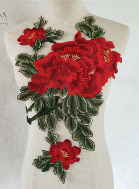 红色I涤纶刺绣花朵彩色绣花水溶缝纫花边DIY装饰服装辅料