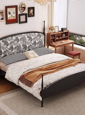 法复古中古实木床1.8米软靠双人床SLSJ-BHJ15米新.款绒布高端风印