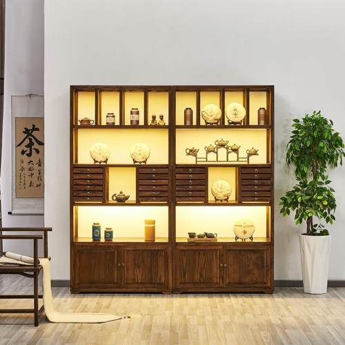 榆木格子柜茶饼式ZG-65043柜组茶具宝格新中胡桃多色合置物架中式